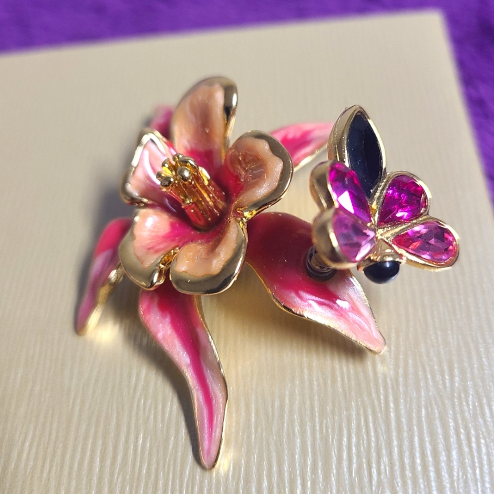 Vintage 1990's Bob Mackie Signed Flower Brooch Pin with a Butterfly Trembler